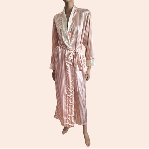 90s Victorias Secret Pink Ivory Stripe Robe Satin Long Size Small Dressing Gown